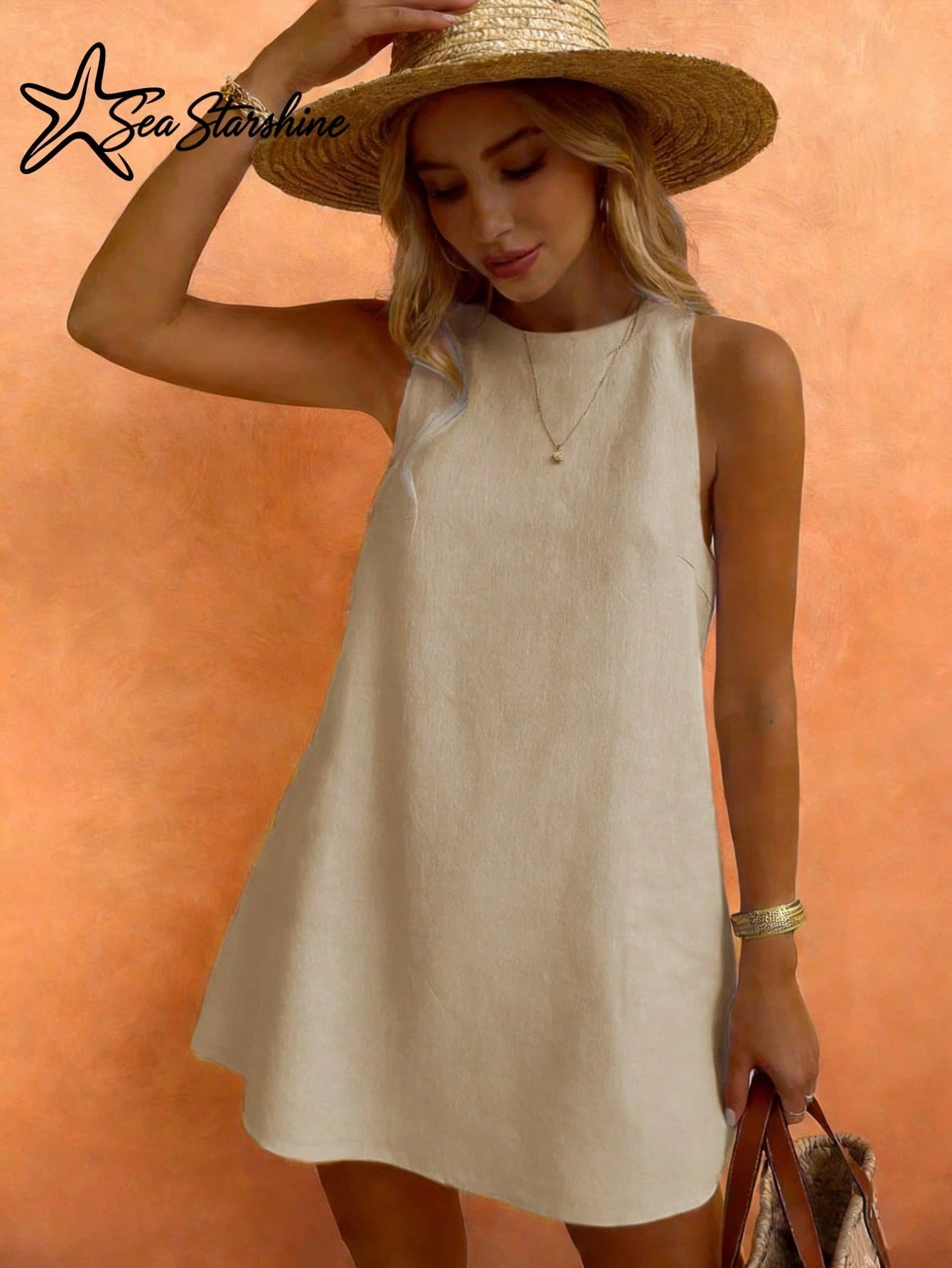 Starfish Women's Fashionable Versatile Minimalist Elegant Khaki Round Neck Sleeveless Dress, Suitable For - image 3