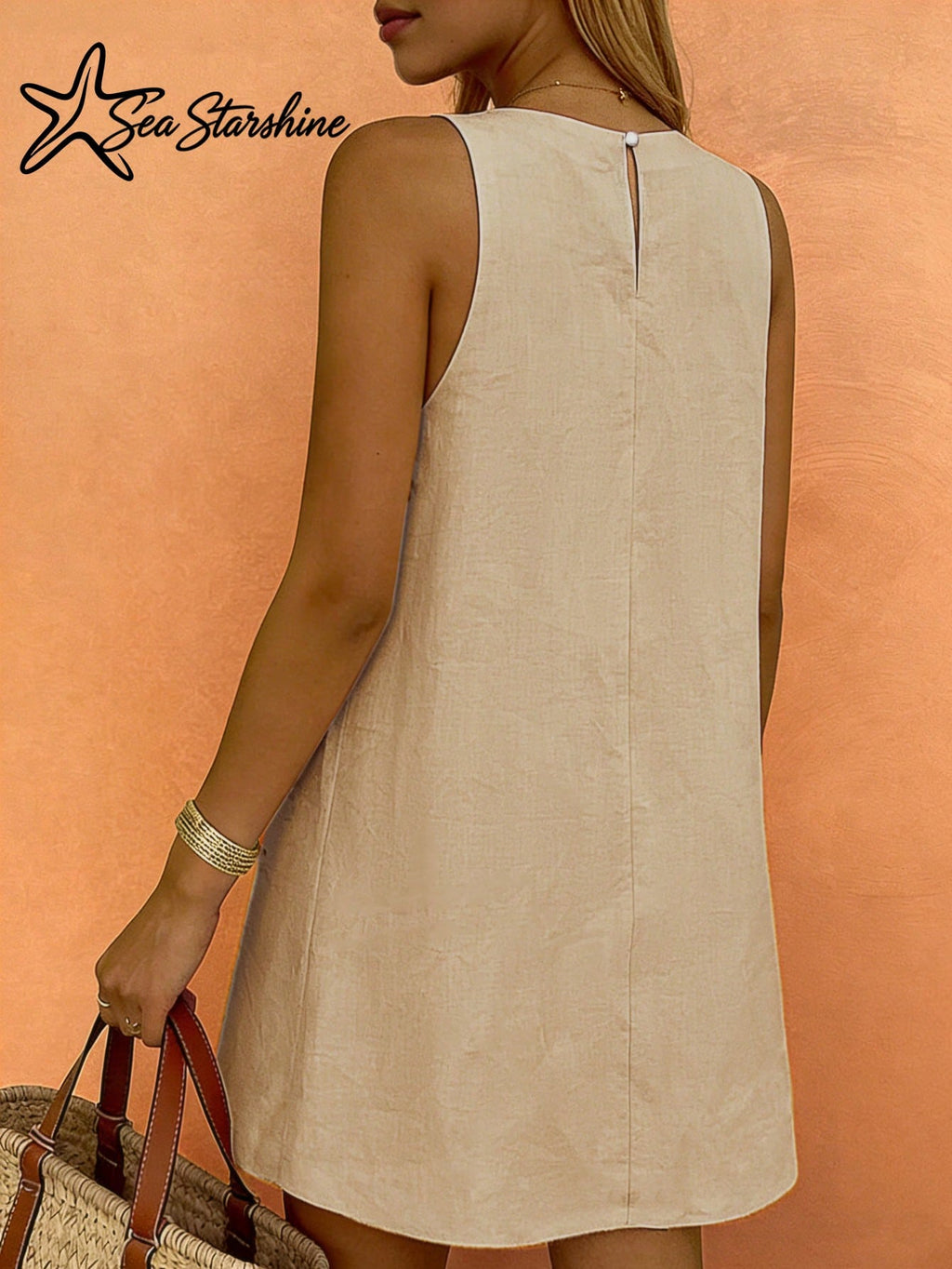 Starfish Women's Fashionable Versatile Minimalist Elegant Khaki Round Neck Sleeveless Dress, Suitable For - image 4