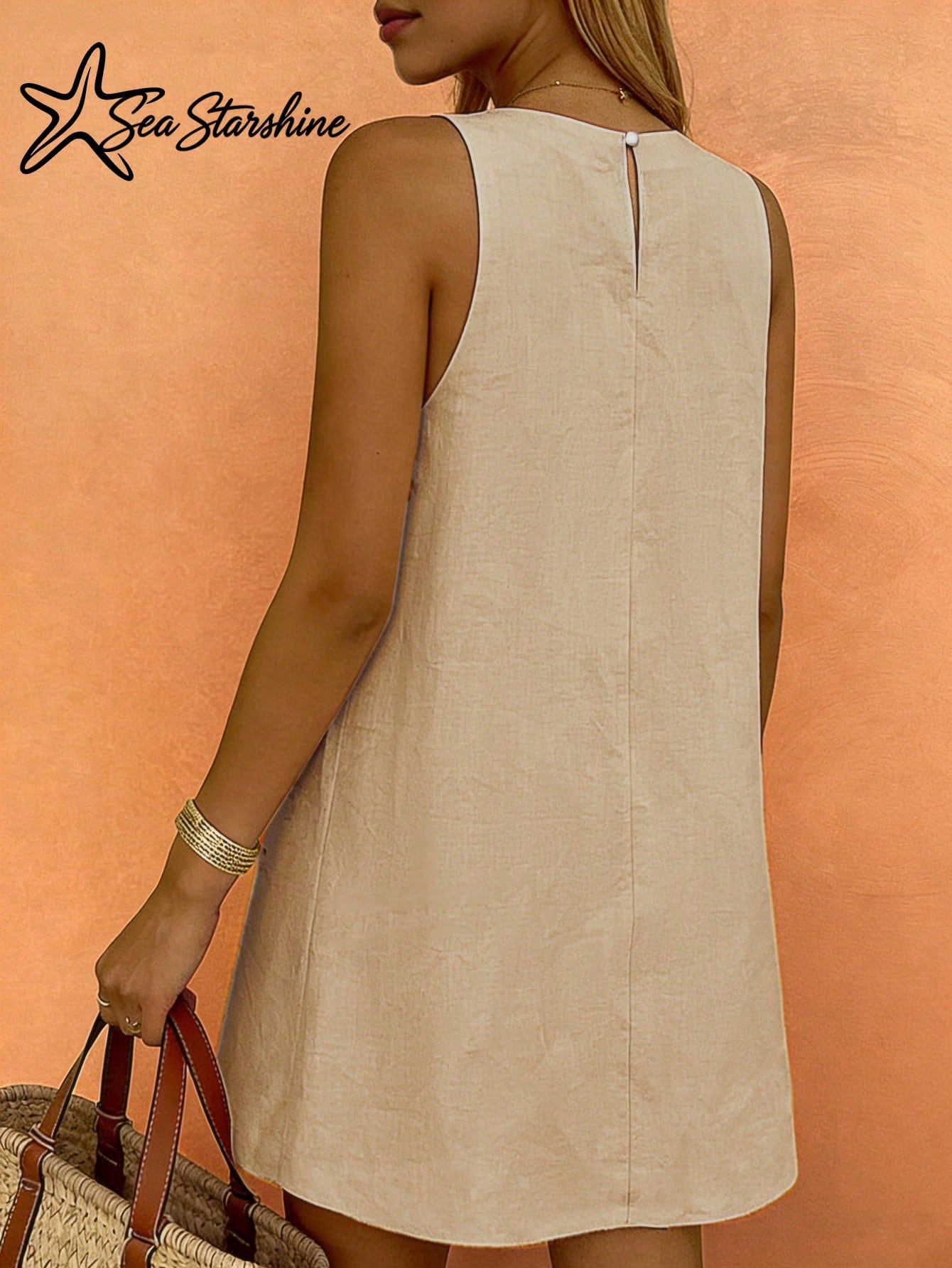 Starfish Women's Fashionable Versatile Minimalist Elegant Khaki Round Neck Sleeveless Dress, Suitable For - image 4