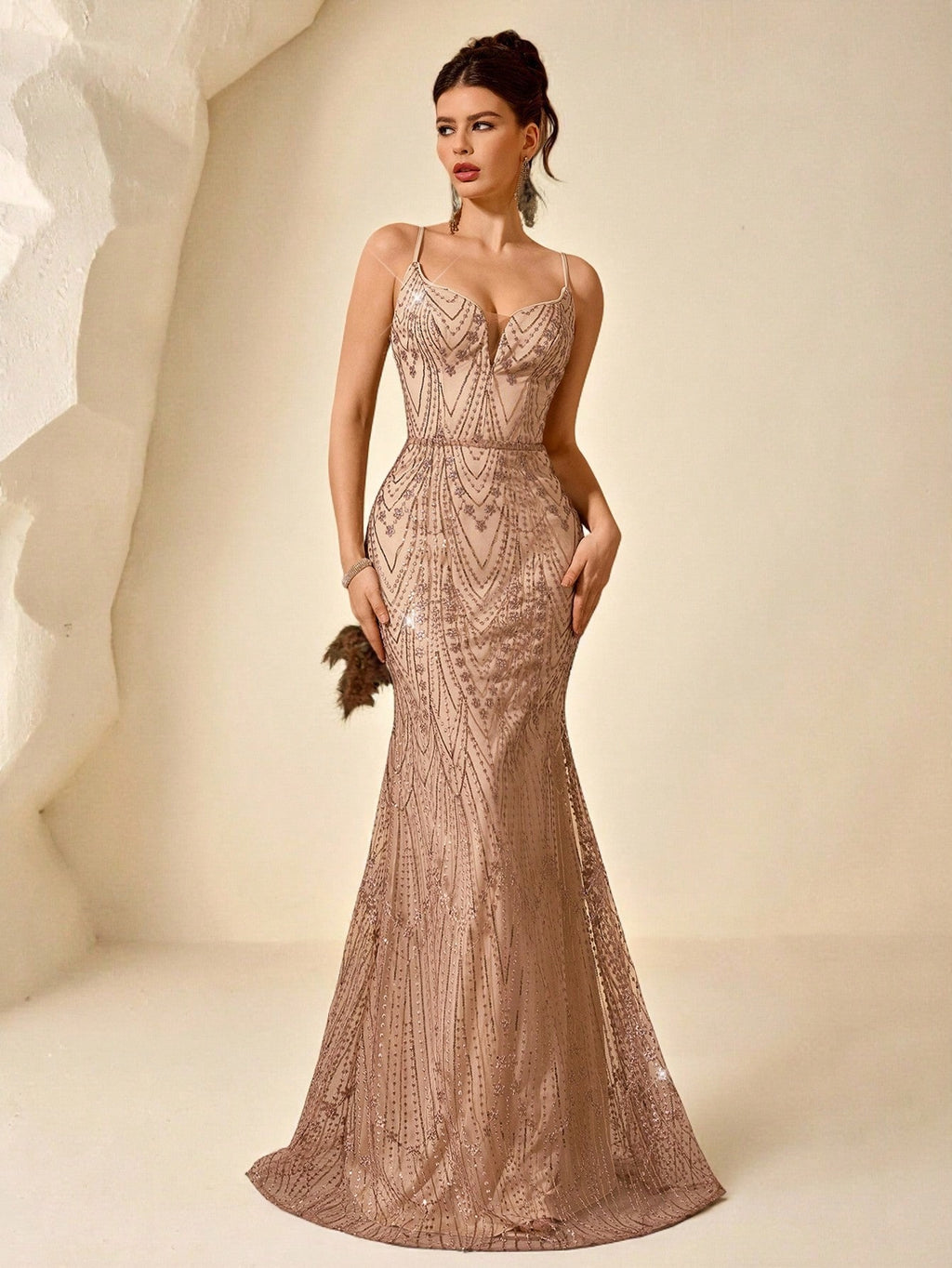 Coutiva Women's Elegant Two Pieces Sequin Mermaid Formal Evening Gown,Dusty Rose Winter Wedding Guest Dress - image 3