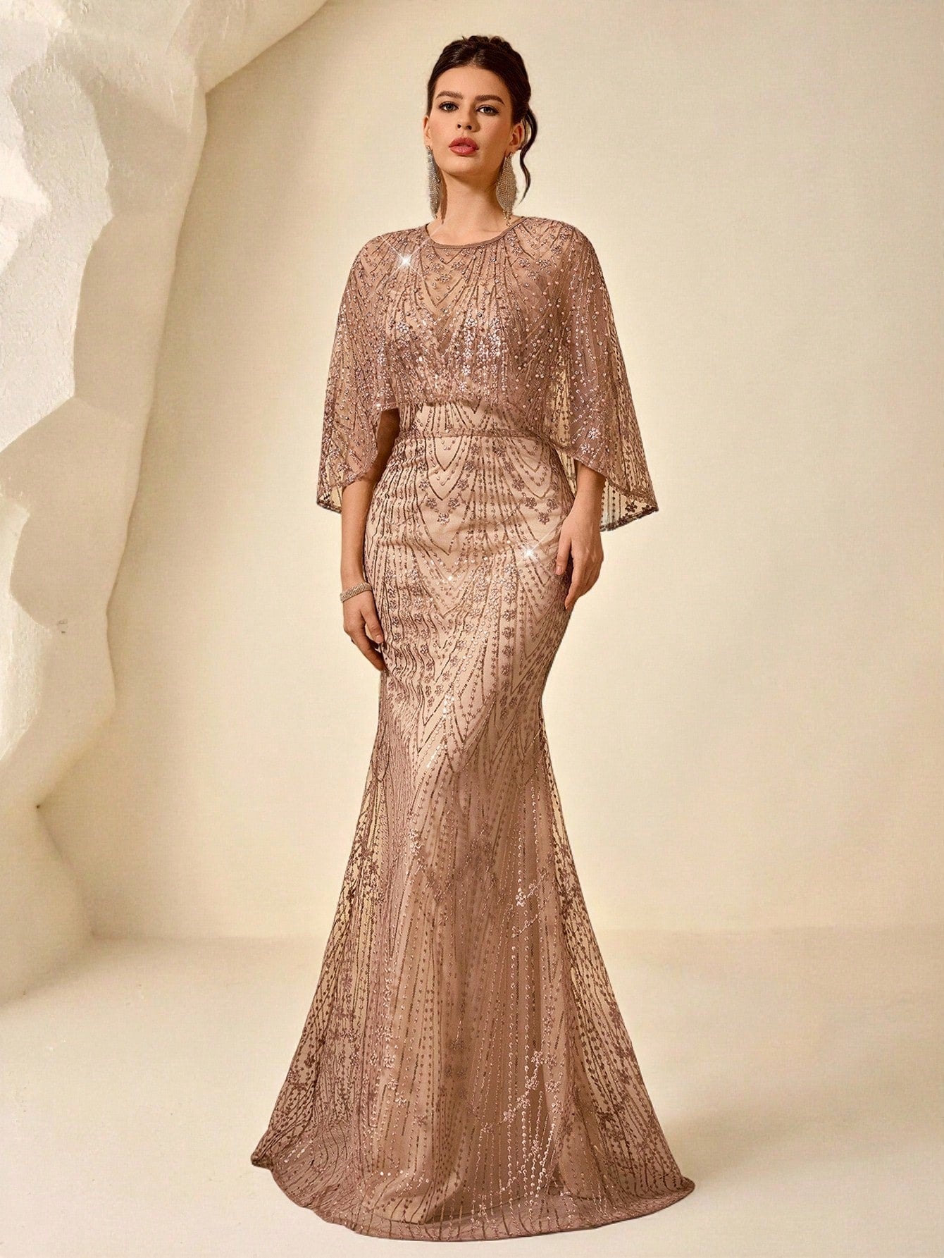 Coutiva Women's Elegant Two Pieces Sequin Mermaid Formal Evening Gown,Dusty Rose Winter Wedding Guest Dress - image 4