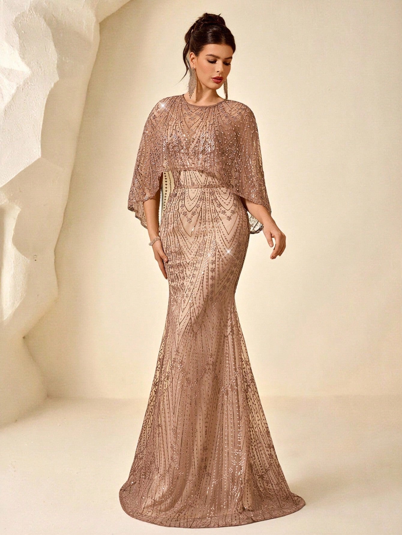 Coutiva Women's Elegant Two Pieces Sequin Mermaid Formal Evening Gown,Dusty Rose Winter Wedding Guest Dress - image 5