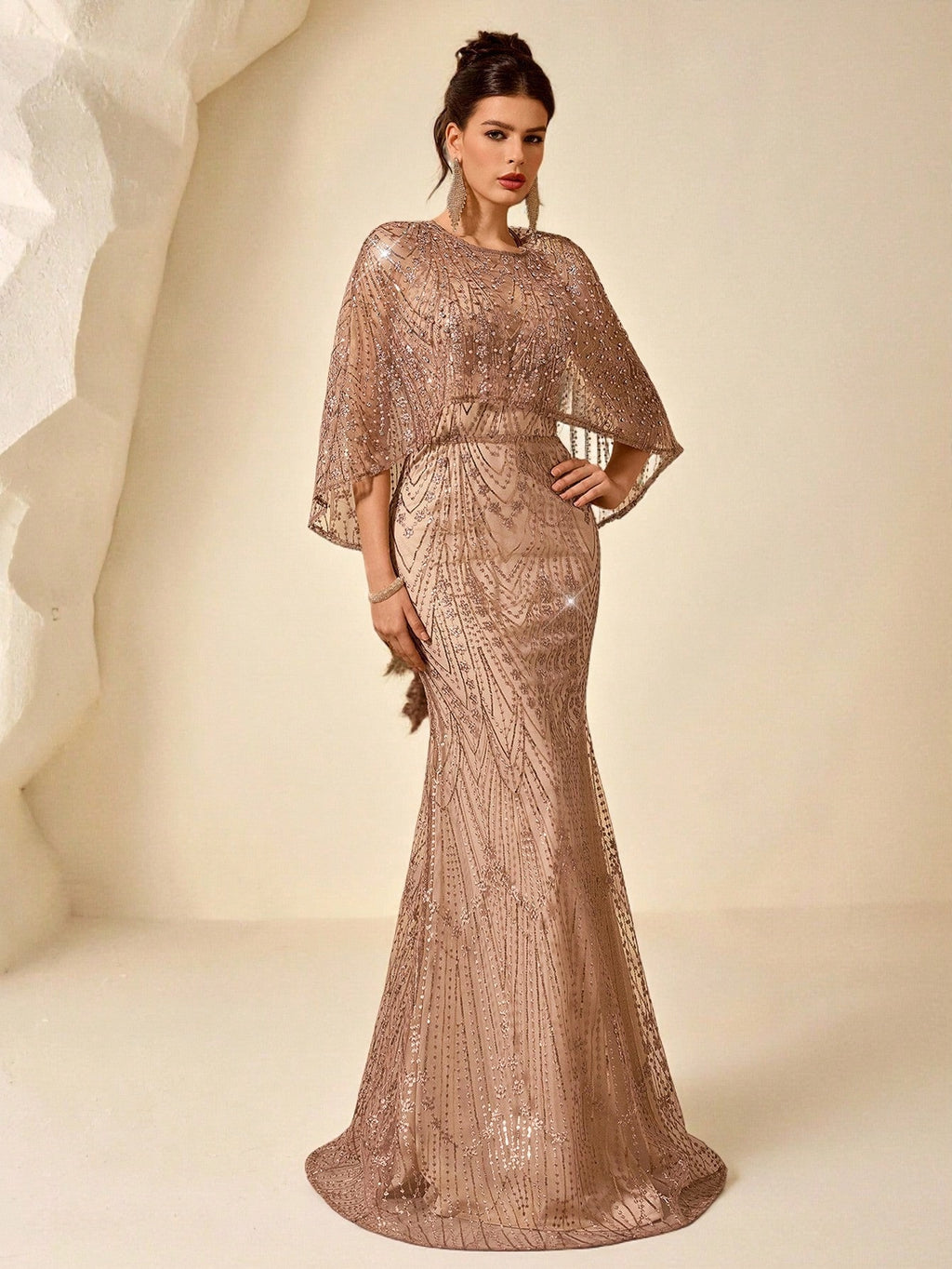 Coutiva Women's Elegant Two Pieces Sequin Mermaid Formal Evening Gown,Dusty Rose Winter Wedding Guest Dress - image 6