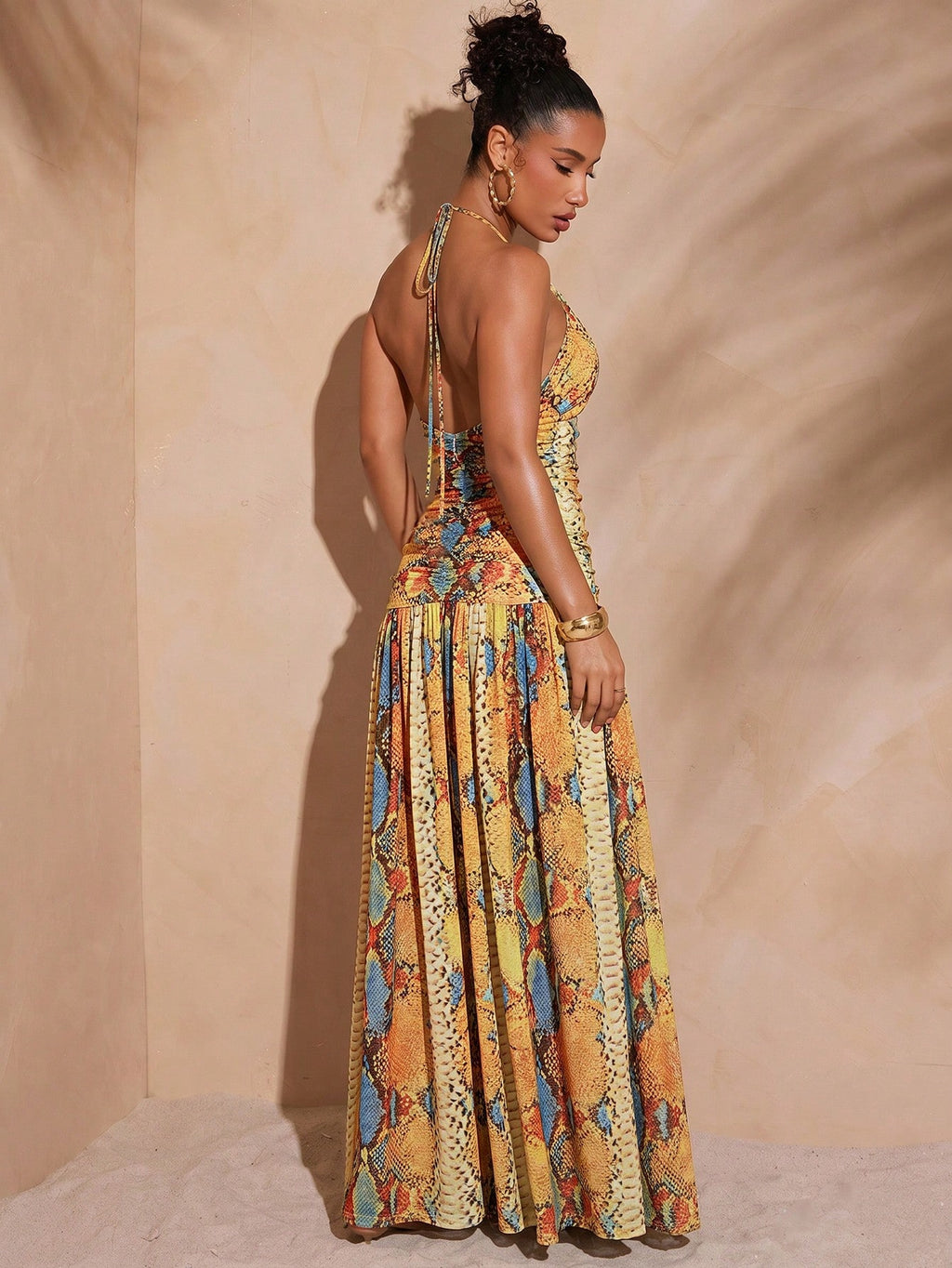 Hauture Sexy Summer Vacation Abstract Printed Deep Plunge Ruched