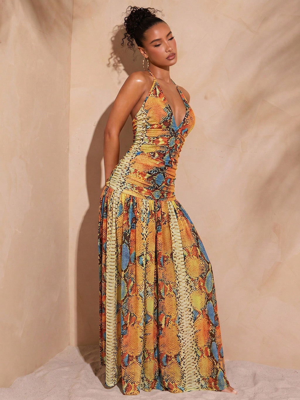 Hauture Sexy Summer Vacation Abstract Printed Deep Plunge Ruched