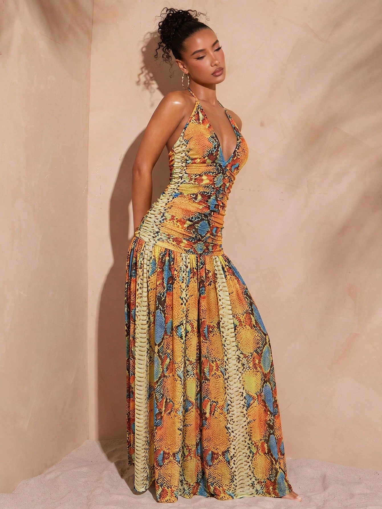 Hauture Sexy Summer Vacation Abstract Printed Deep Plunge Ruched