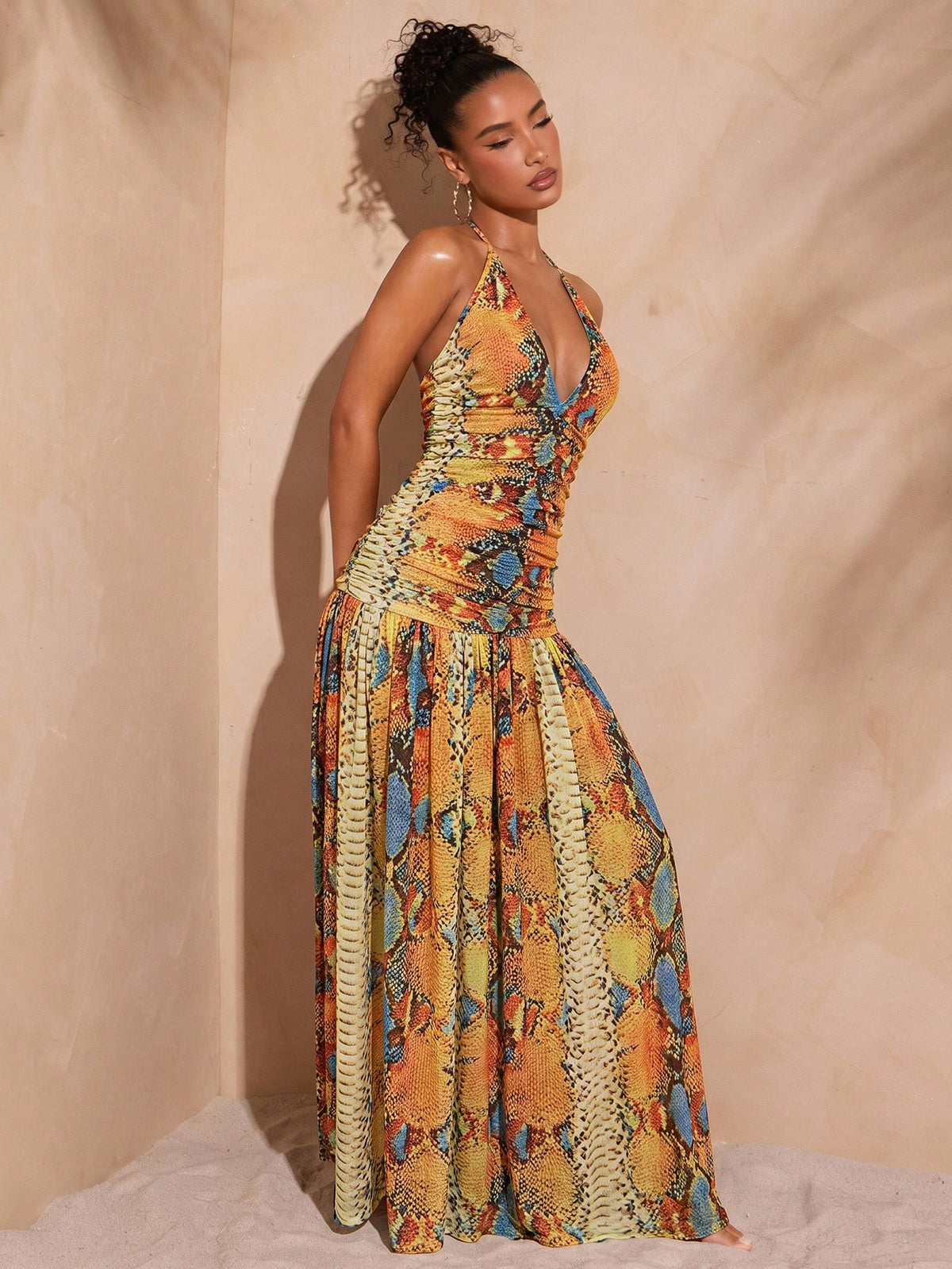 Hauture Sexy Summer Vacation Abstract Printed Deep Plunge Ruched Halter Open Back Maxi Dress - image 13