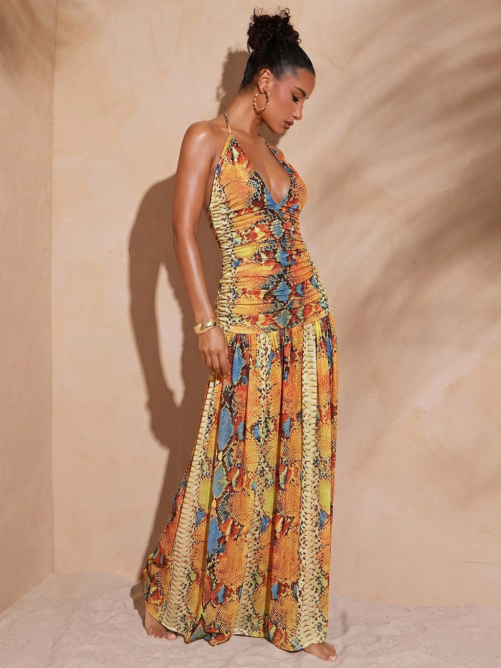 Hauture Sexy Summer Vacation Abstract Printed Deep Plunge Ruched