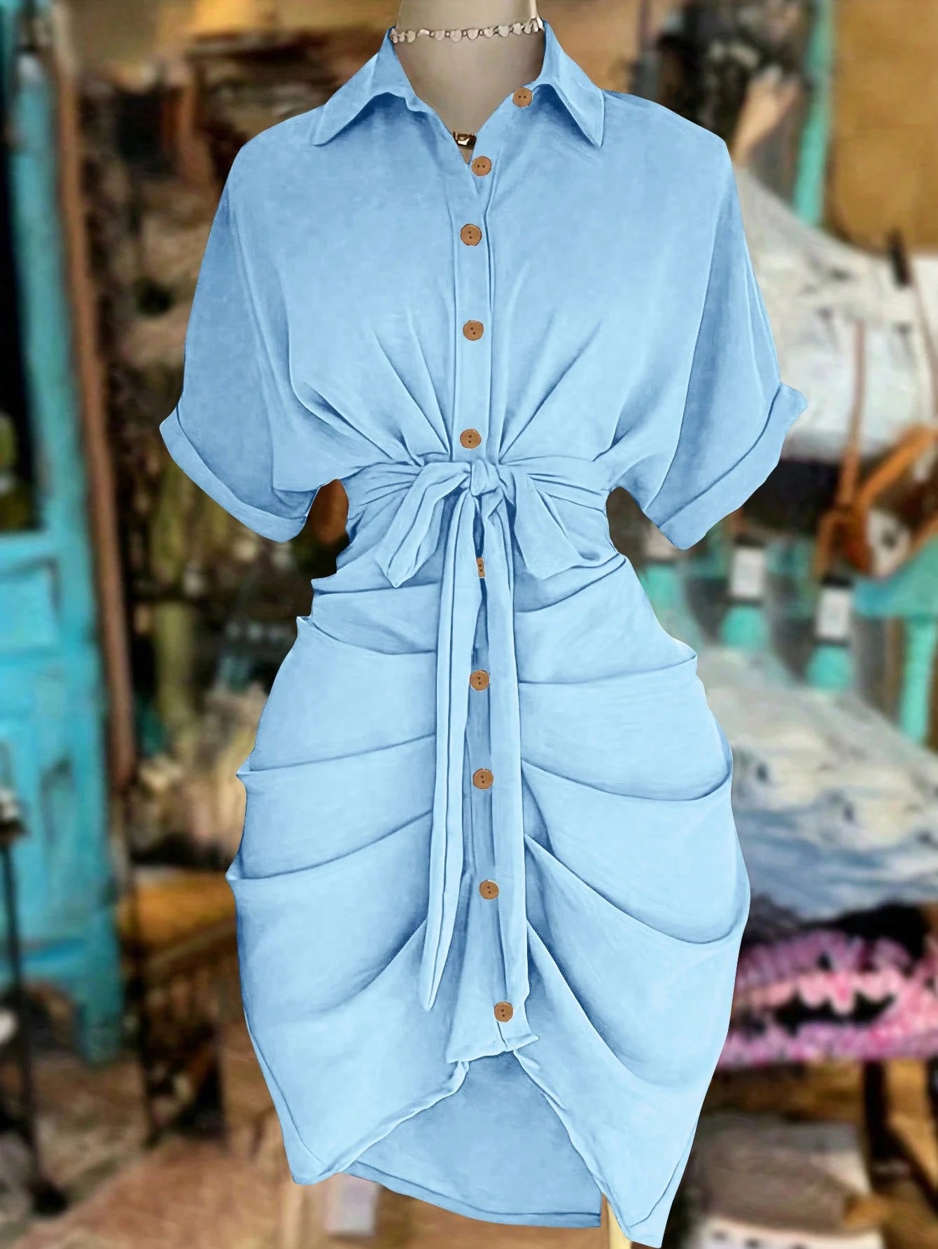 EMERY ROSE Collared Single-Breasted Tie-Waist Short Sleeve Shirt Dress