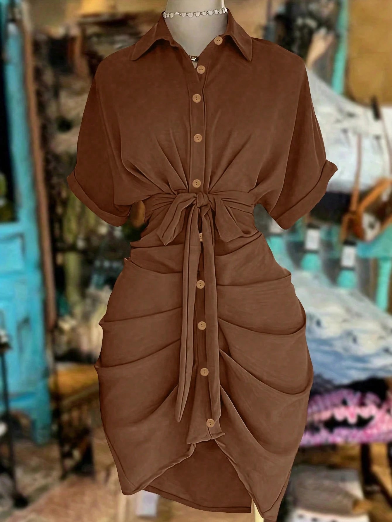 EMERY ROSE Collared Single-Breasted Tie-Waist Short Sleeve Shirt Dress