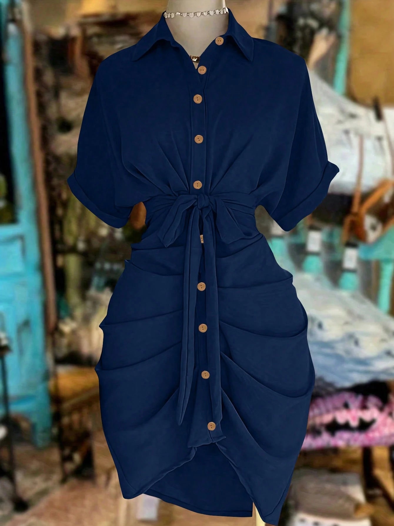 EMERY ROSE Collared Single-Breasted Tie-Waist Short Sleeve Shirt Dress