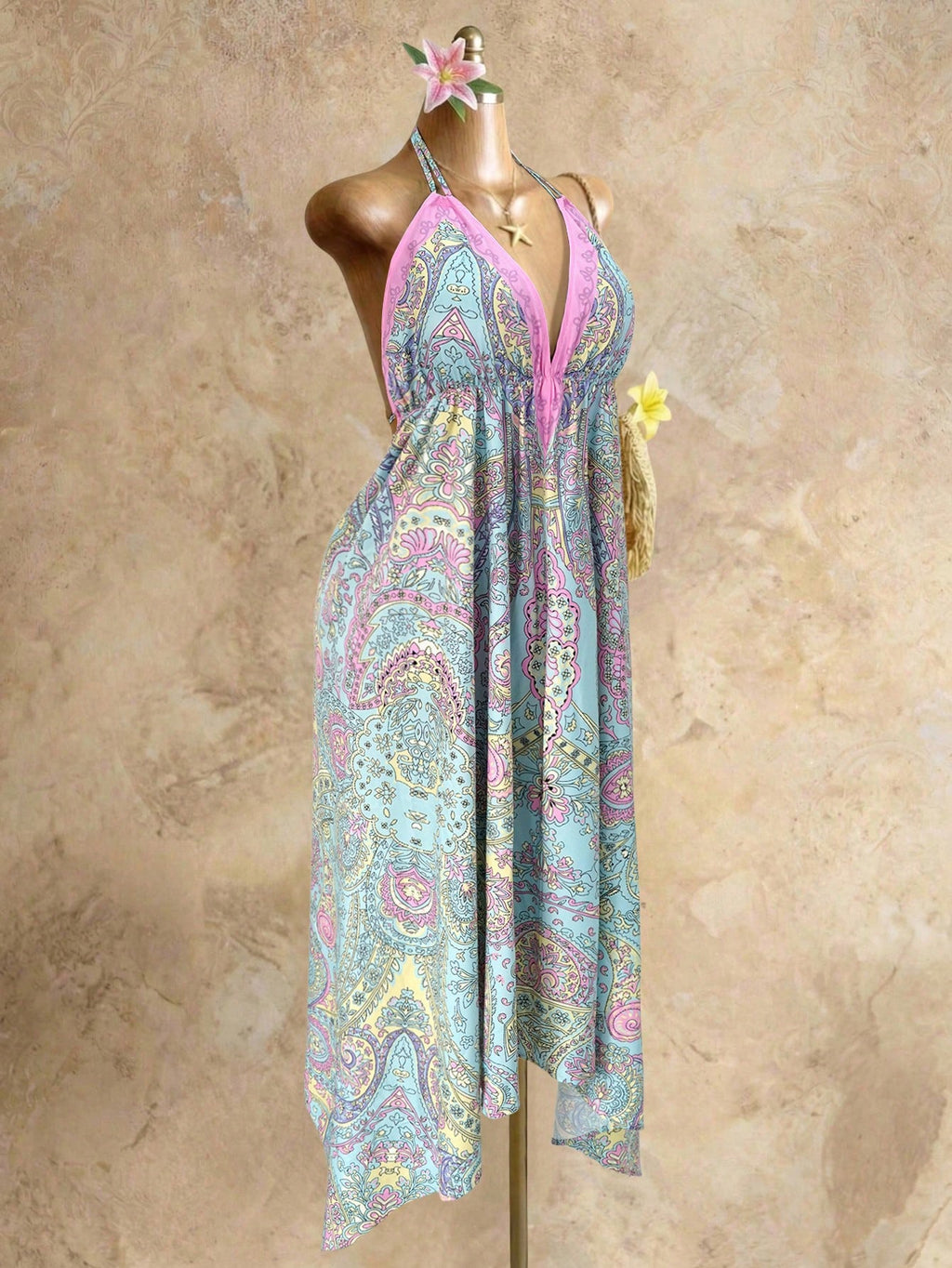 Mistrie Women's Yellow Summer Boho Beach Holiday Holiday, Halter V-Neck Cinched Waist Vintage Paisley Print