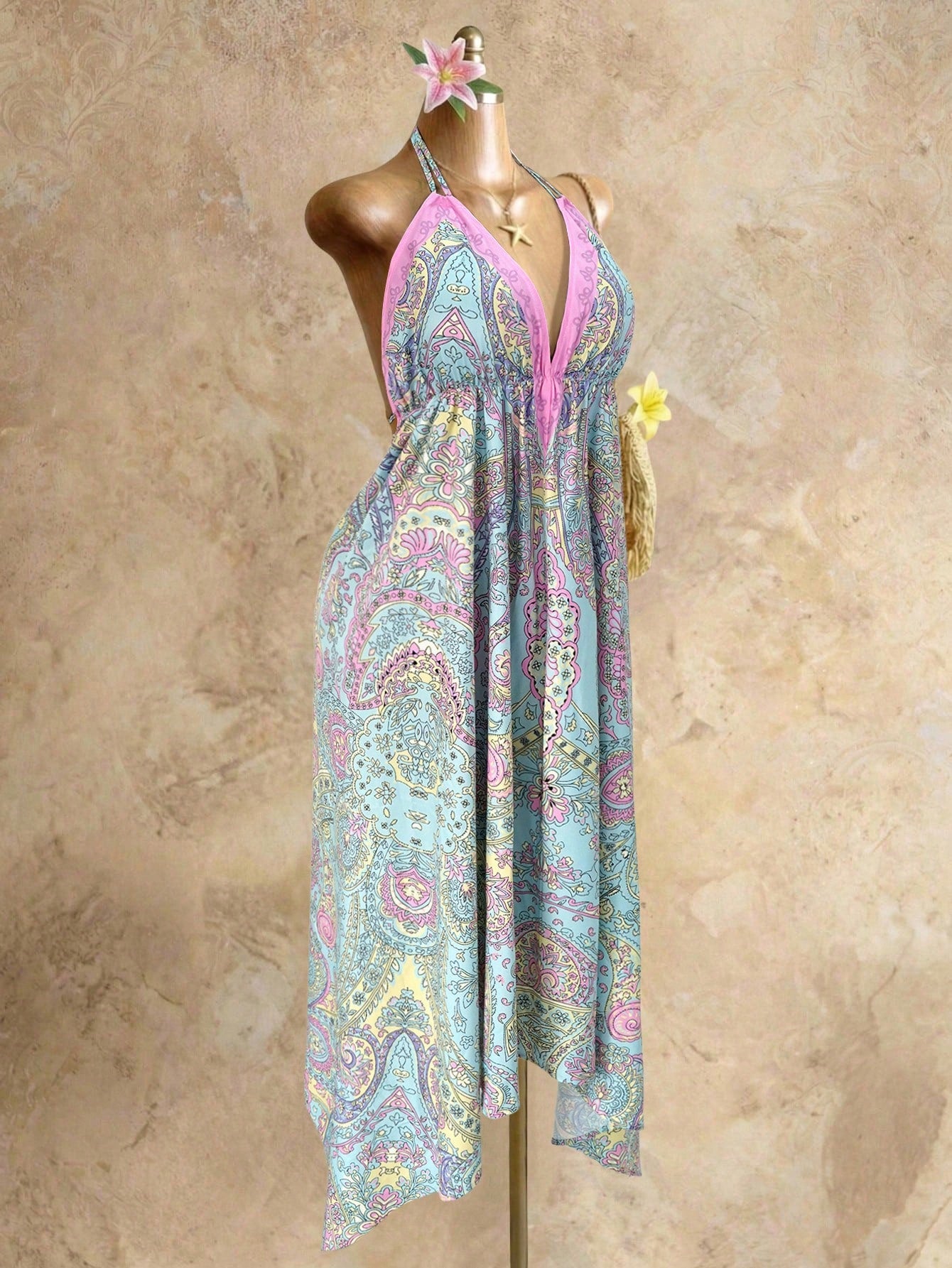 Mistrie Women's Yellow Summer Boho Beach Holiday Holiday, Halter V-Neck Cinched Waist Vintage Paisley Print