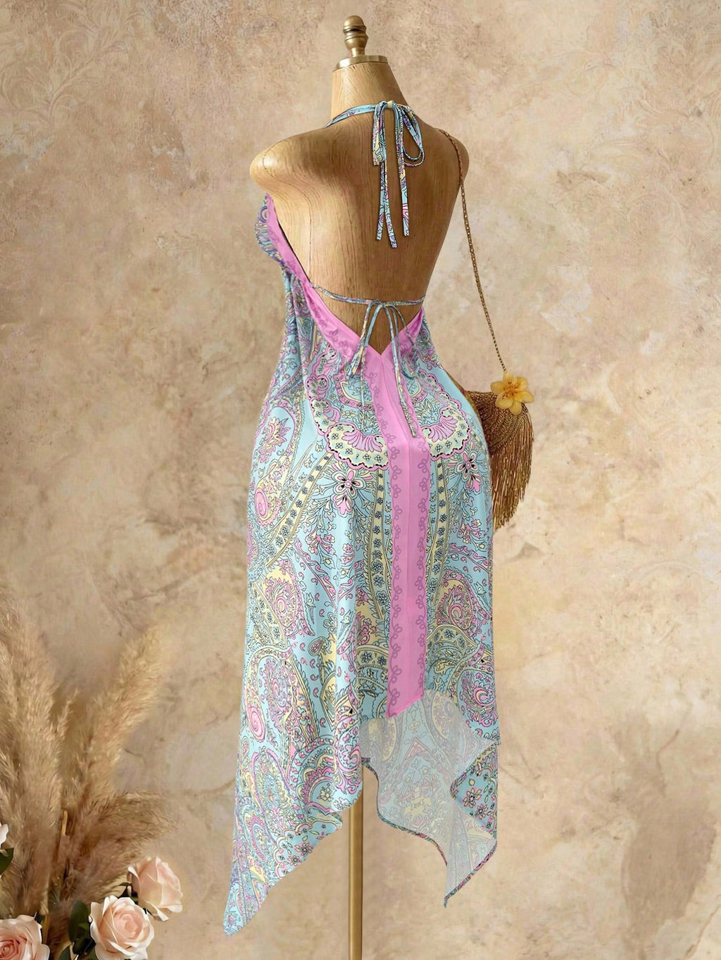 Mistrie Women's Yellow Summer Boho Beach Holiday Holiday, Halter V-Neck Cinched Waist Vintage Paisley Print - image 2