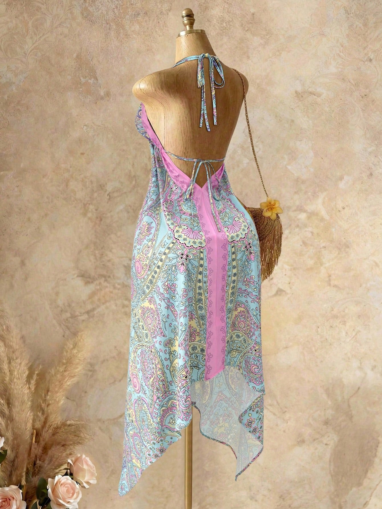 Mistrie Women's Yellow Summer Boho Beach Holiday Holiday, Halter V-Neck Cinched Waist Vintage Paisley Print - image 2