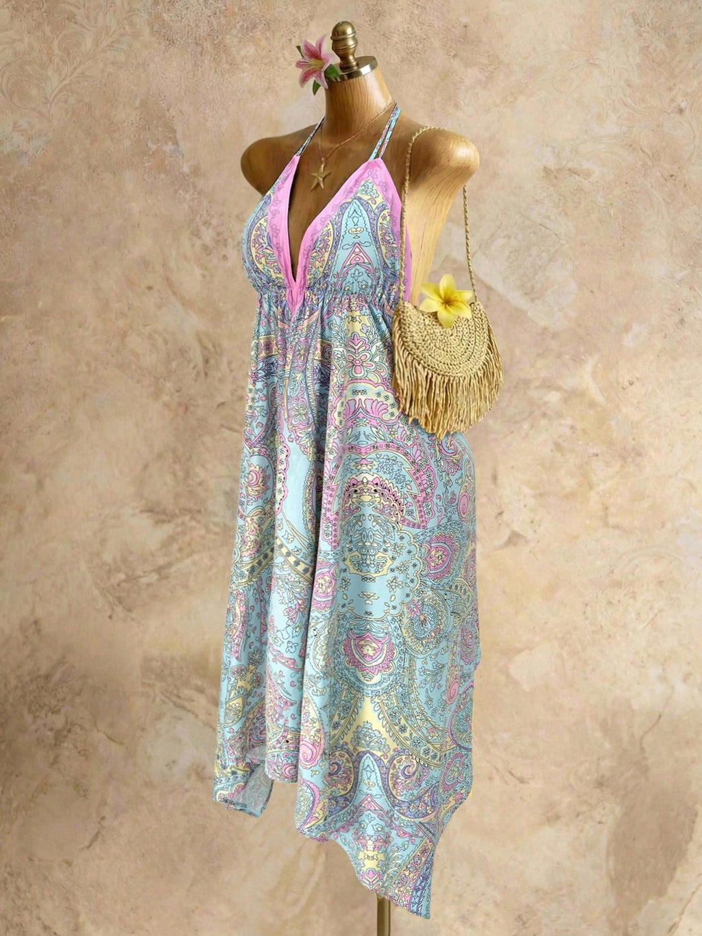 Mistrie Women's Yellow Summer Boho Beach Holiday Holiday, Halter V-Neck Cinched Waist Vintage Paisley Print - image 3