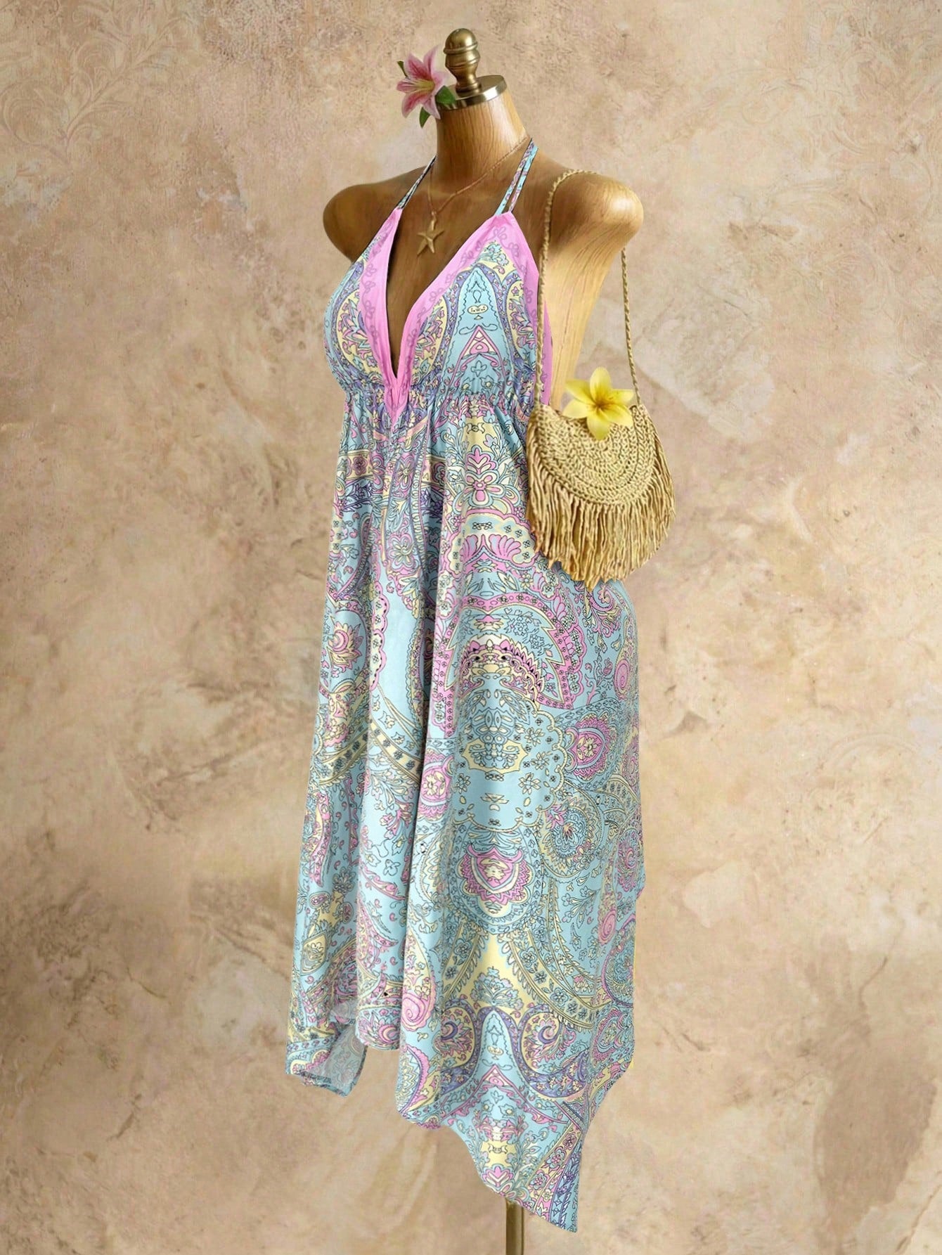 Mistrie Women's Yellow Summer Boho Beach Holiday Holiday, Halter V-Neck Cinched Waist Vintage Paisley Print - image 3
