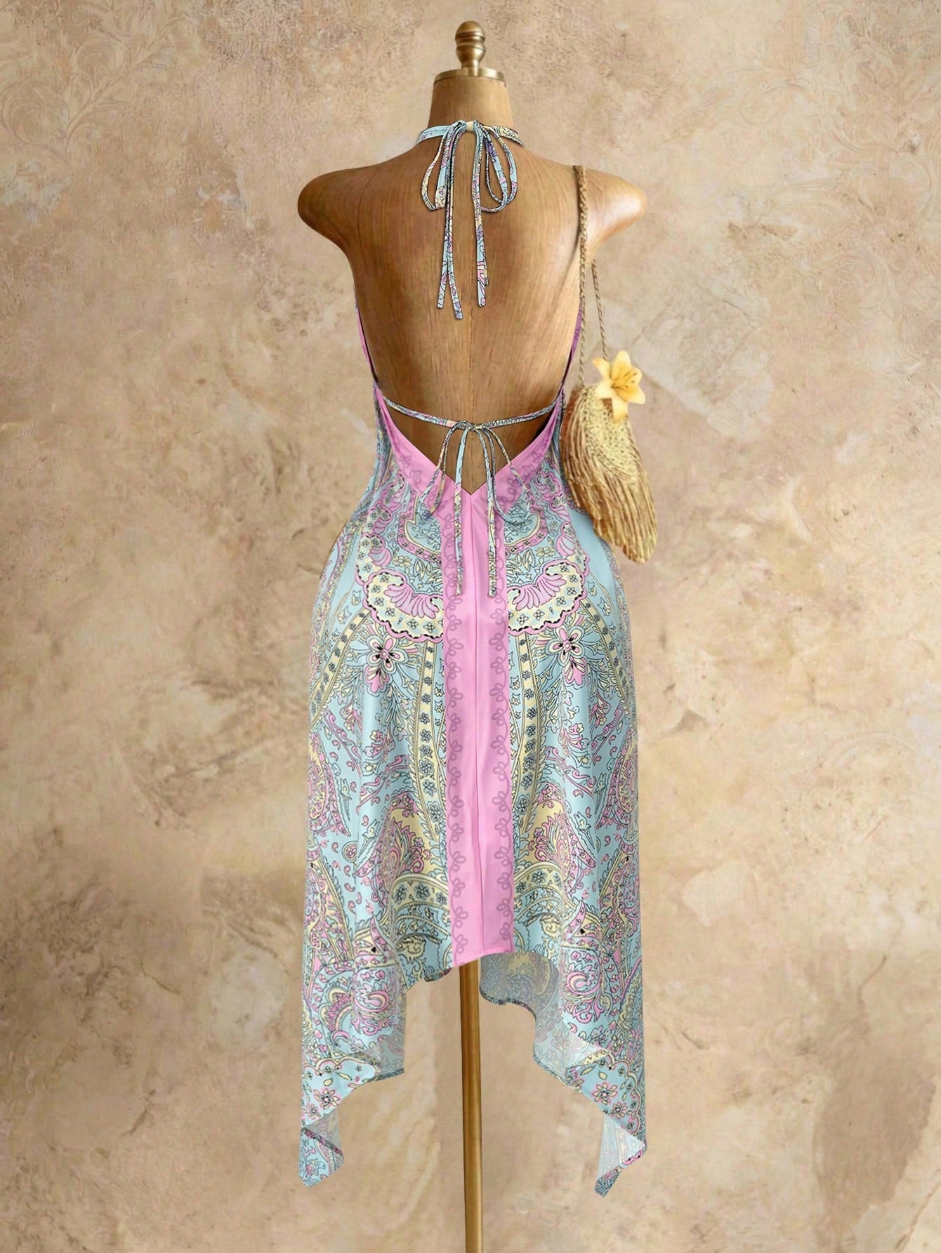Mistrie Women's Yellow Summer Boho Beach Holiday Holiday, Halter V-Neck Cinched Waist Vintage Paisley Print - image 4