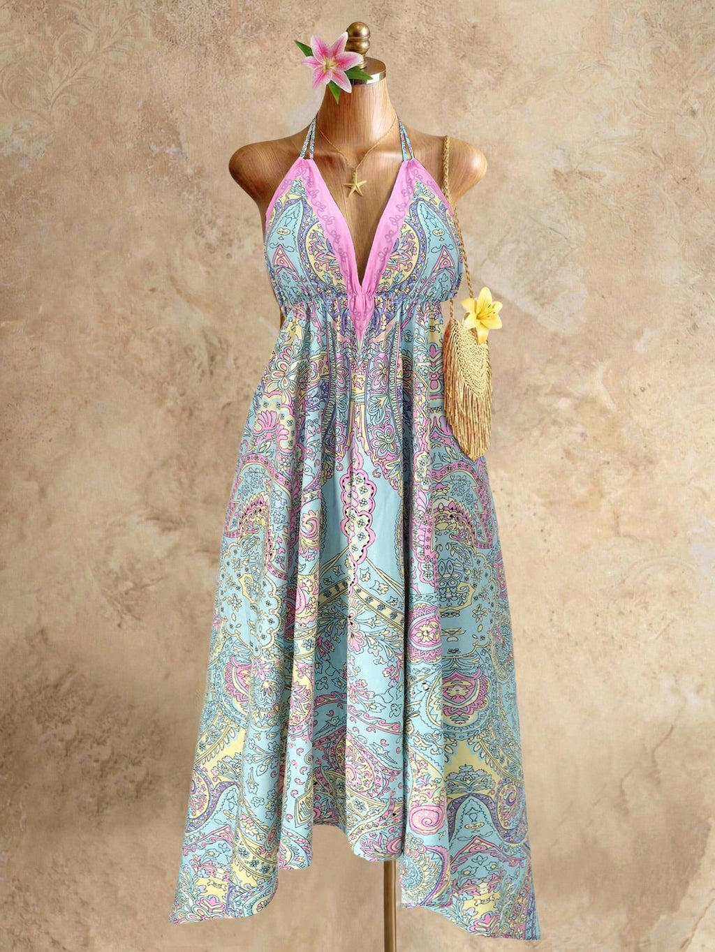 Mistrie Women's Yellow Summer Boho Beach Holiday Holiday, Halter V-Neck Cinched Waist Vintage Paisley Print - image 5