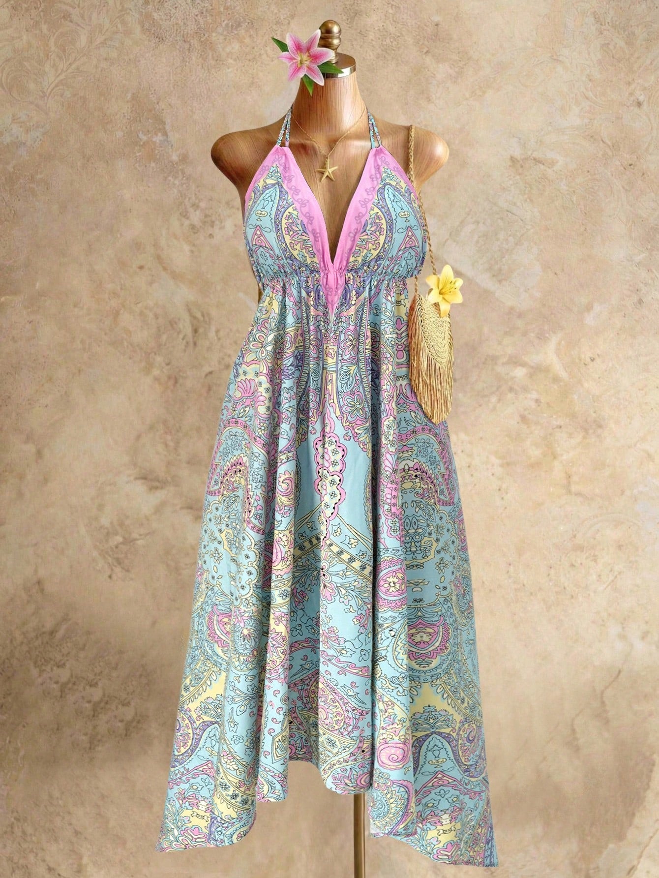 Mistrie Women's Yellow Summer Boho Beach Holiday Holiday, Halter V-Neck Cinched Waist Vintage Paisley Print - image 5