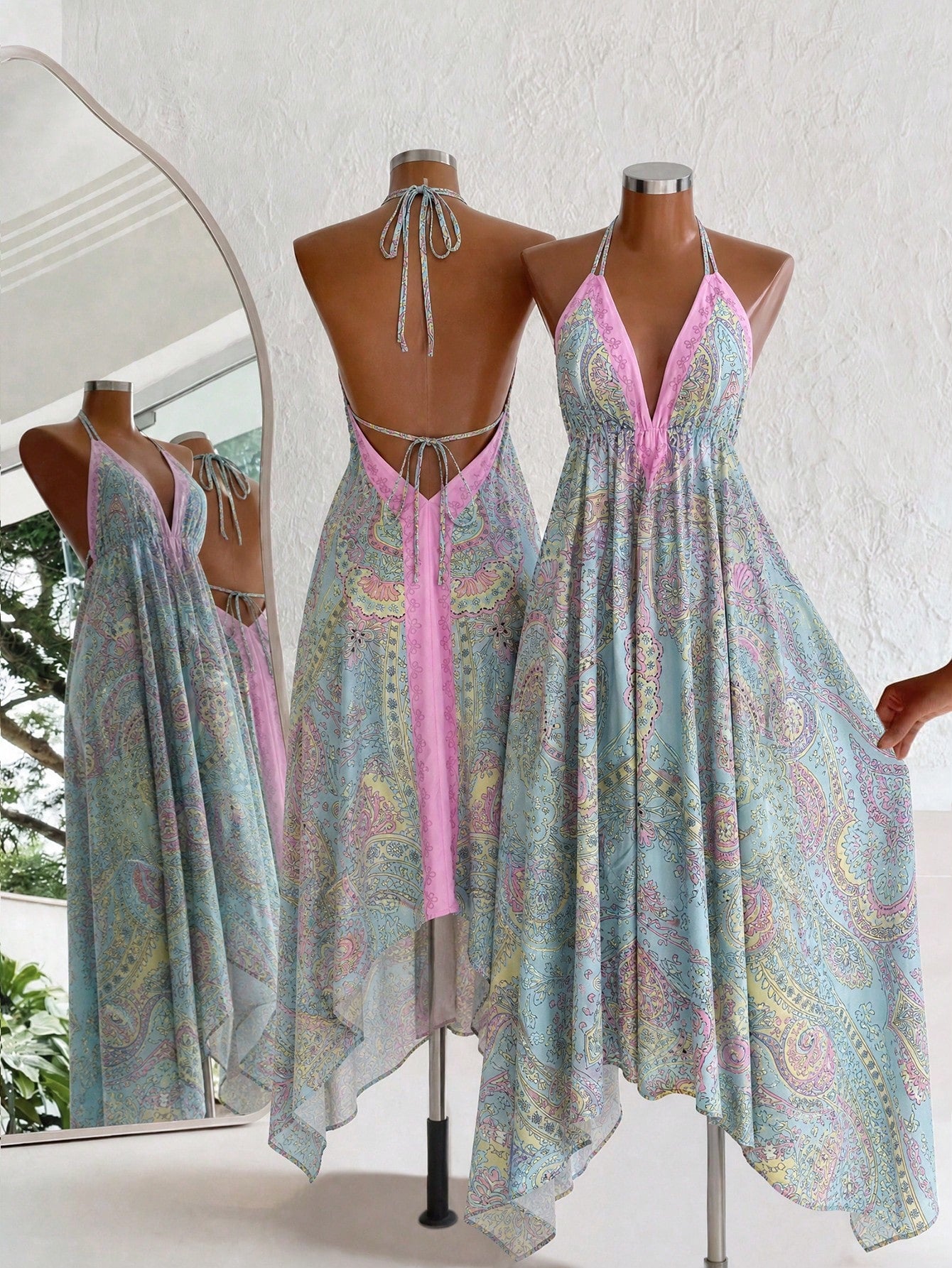 Mistrie Women's Yellow Summer Boho Beach Holiday Holiday, Halter V-Neck Cinched Waist Vintage Paisley Print - image 6