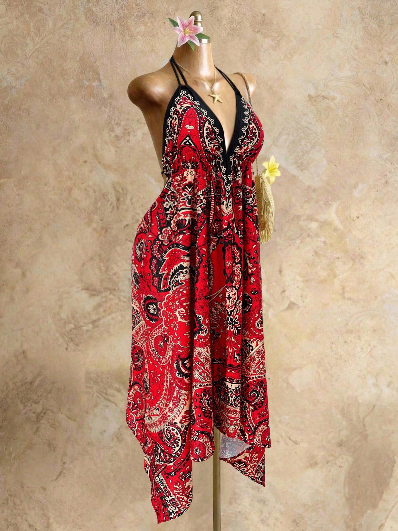 Mistrie Women's Yellow Summer Boho Beach Holiday Holiday, Halter V-Neck Cinched Waist Vintage Paisley Print - image 19