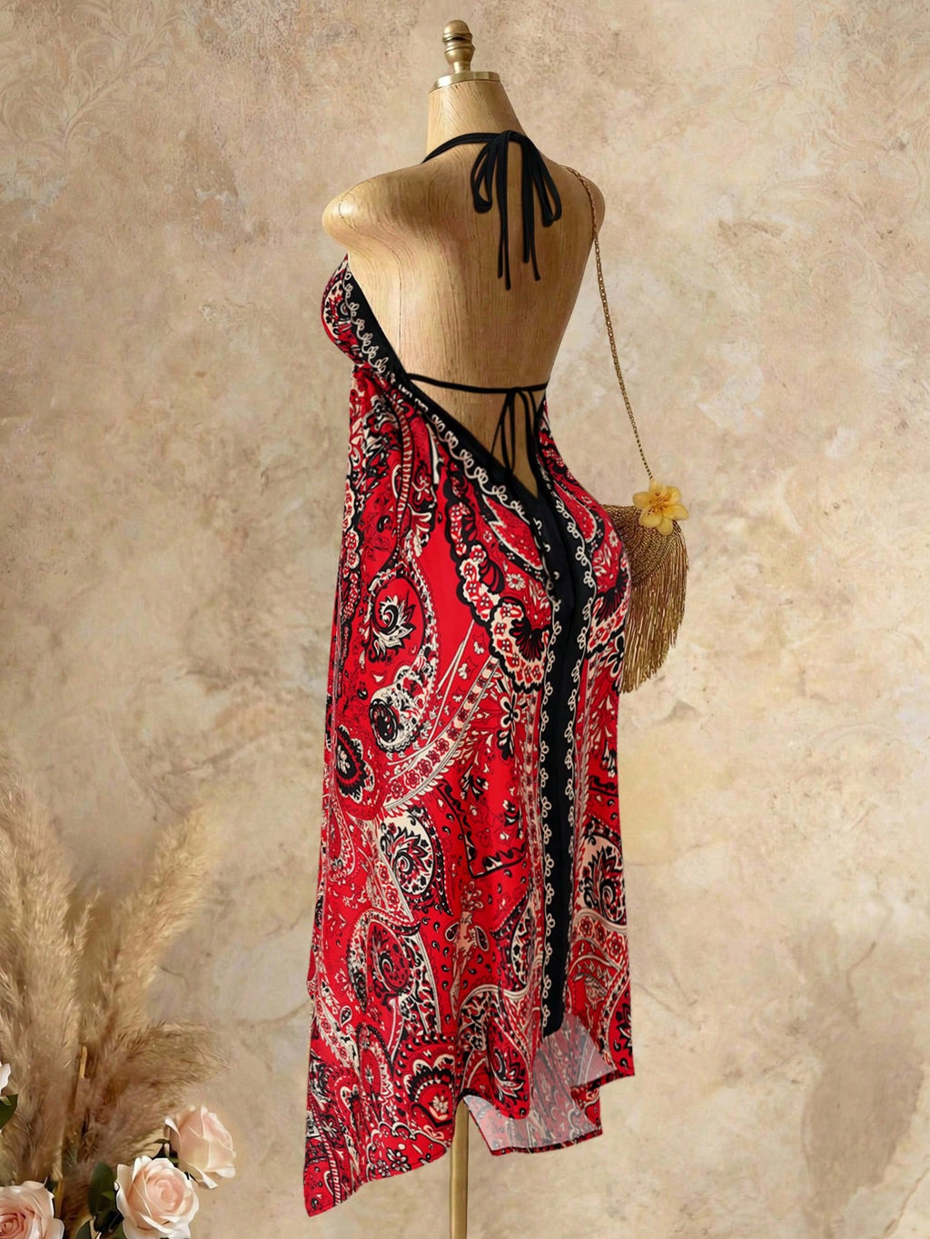 Mistrie Women's Yellow Summer Boho Beach Holiday Holiday, Halter V-Neck Cinched Waist Vintage Paisley Print - image 20