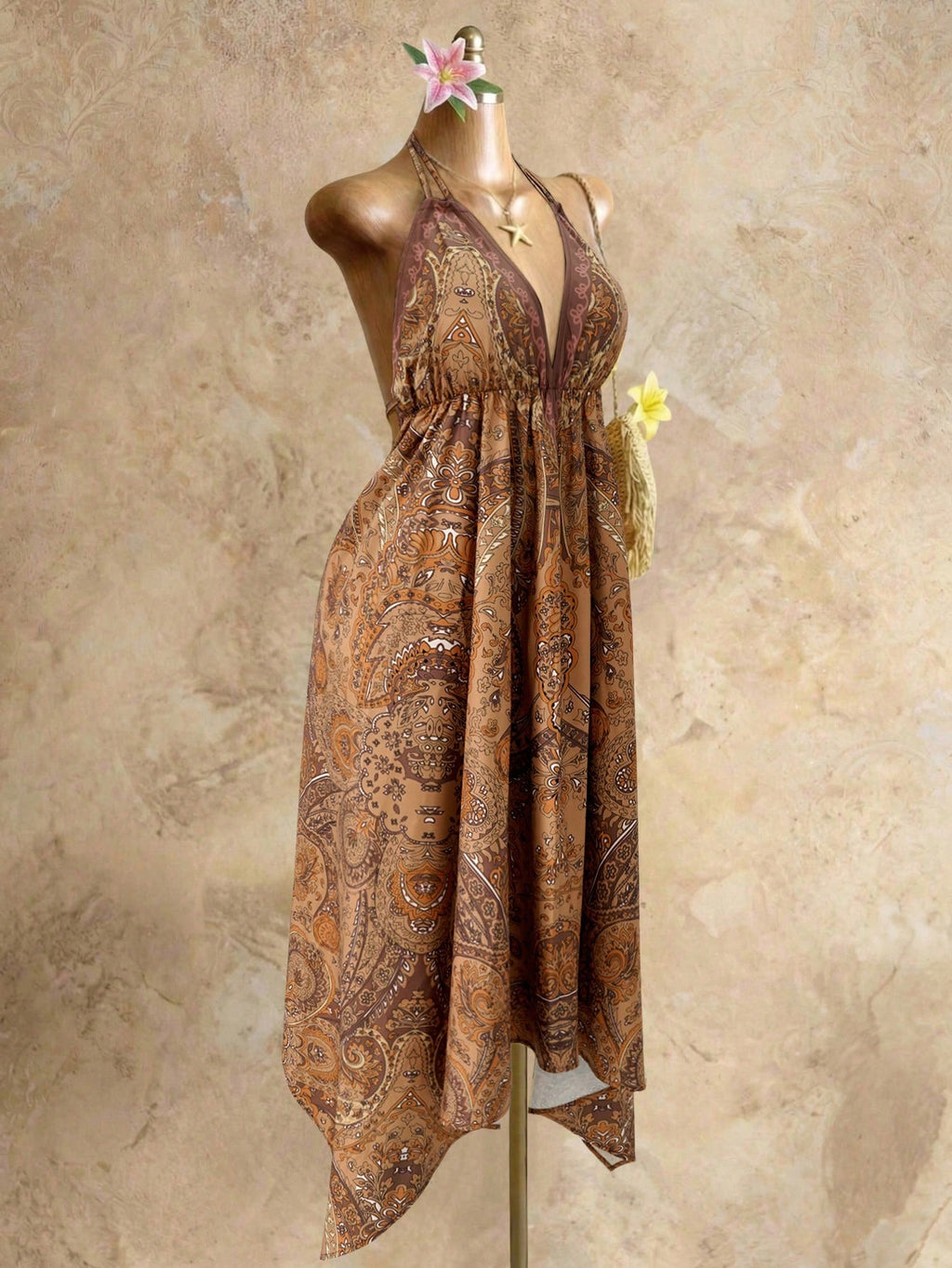 Mistrie Women's Yellow Summer Boho Beach Holiday Holiday, Halter V-Neck Cinched Waist Vintage Paisley Print - image 16