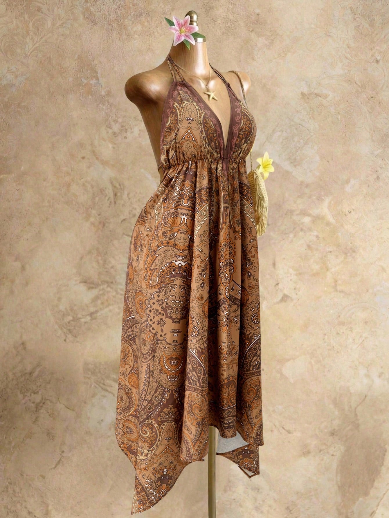Mistrie Women's Yellow Summer Boho Beach Holiday Holiday, Halter V-Neck Cinched Waist Vintage Paisley Print - image 16