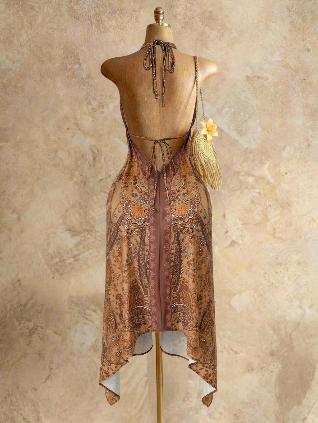 Mistrie Women's Yellow Summer Boho Beach Holiday Holiday, Halter V-Neck Cinched Waist Vintage Paisley Print - image 12