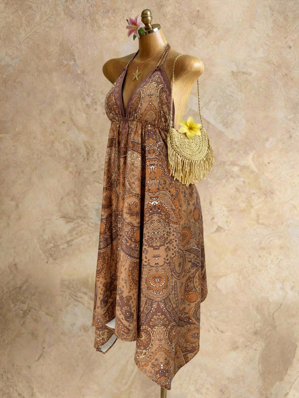 Mistrie Women's Yellow Summer Boho Beach Holiday Holiday, Halter V-Neck Cinched Waist Vintage Paisley Print - image 13