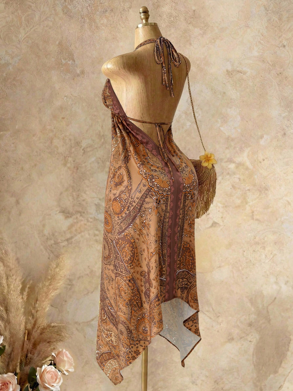 Mistrie Women's Yellow Summer Boho Beach Holiday Holiday, Halter V-Neck Cinched Waist Vintage Paisley Print - image 14