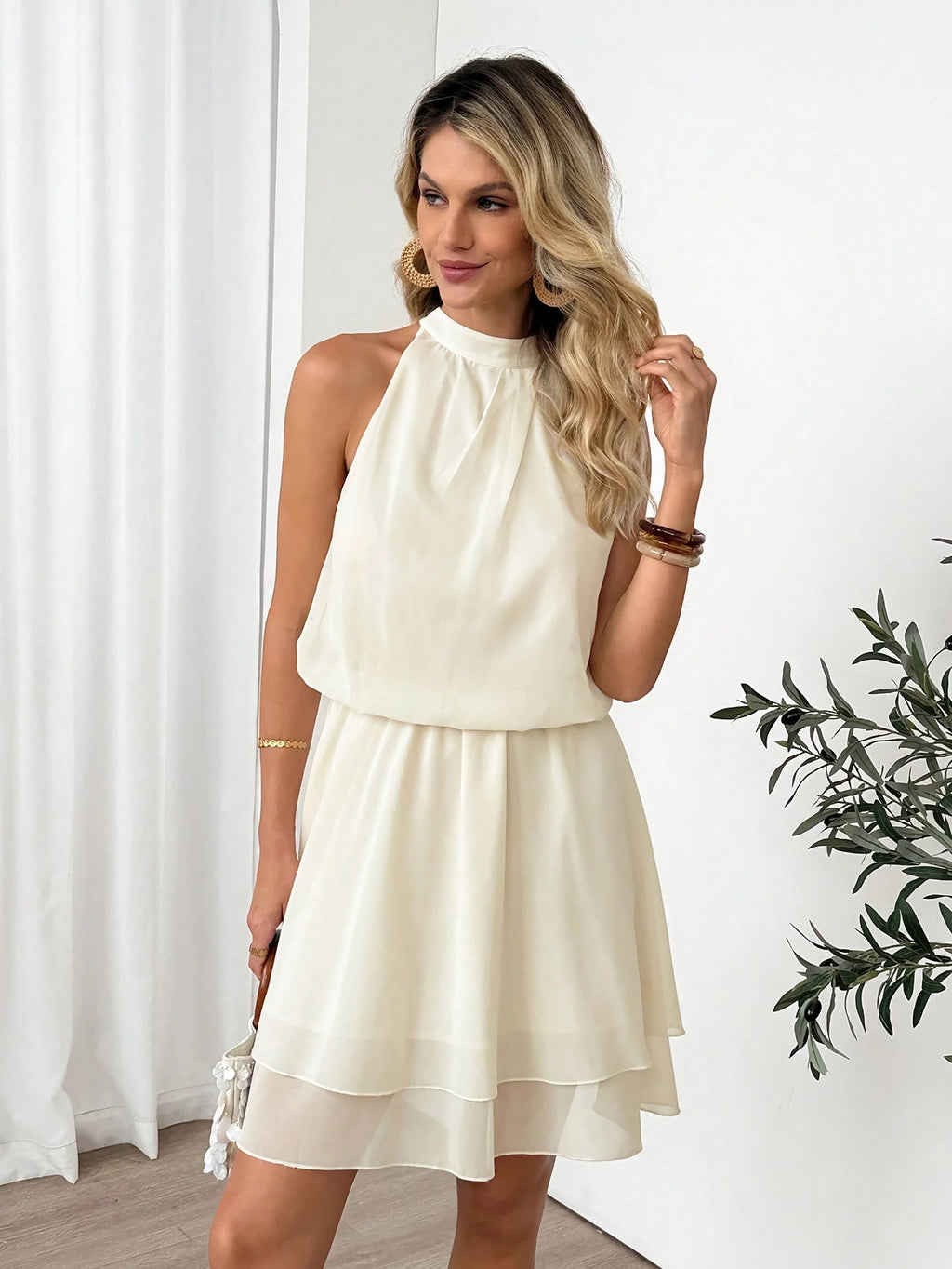 Easowa Women's Elegant Solid Color Halter Mini Dress, Summer Graduation Season Party Vacation Vacation - image 7