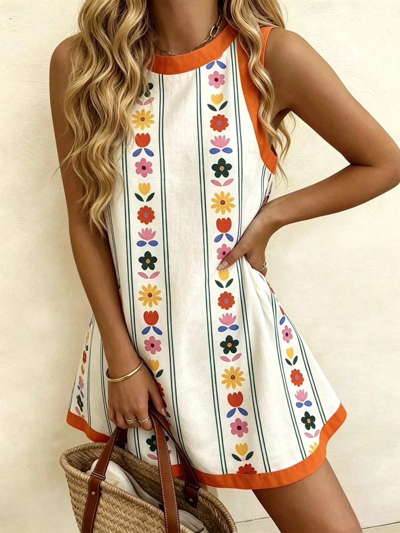 Vaclyn Women's White Print Round Neck Sleeveless Dress Beach Vacation