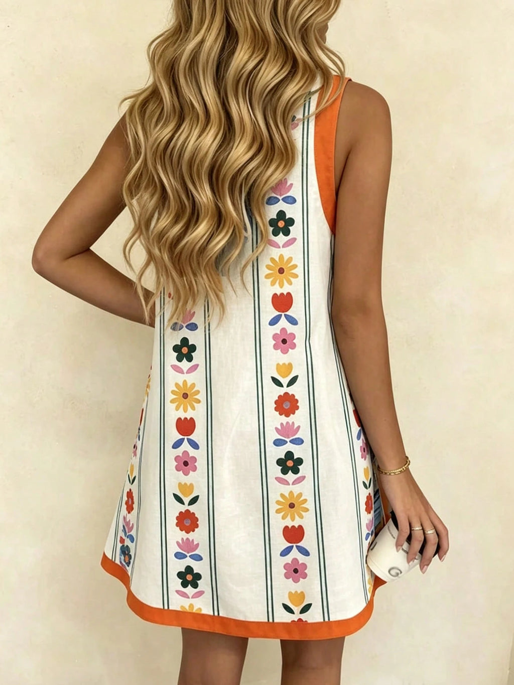 Vaclyn Women's White Print Round Neck Sleeveless Dress Beach Vacation