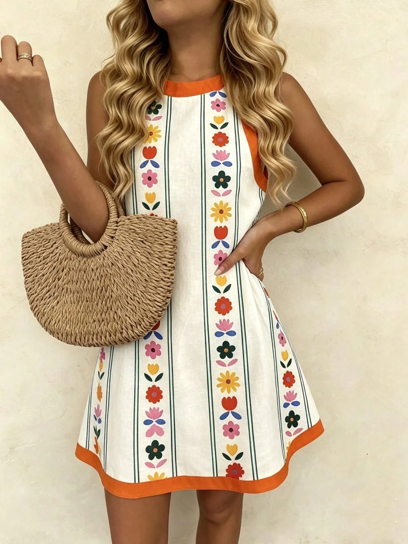Vaclyn Women's White Print Round Neck Sleeveless Dress Beach Vacation
