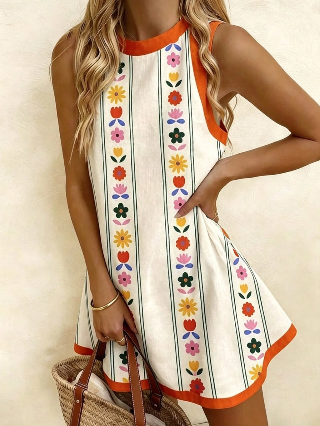 Vaclyn Women's White Print Round Neck Sleeveless Dress Beach Vacation