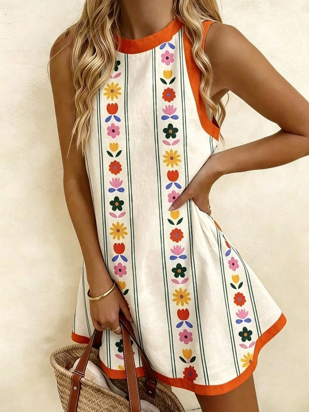 Vaclyn Women's White Print Round Neck Sleeveless Dress Beach Vacation Summer Tropical - image 14