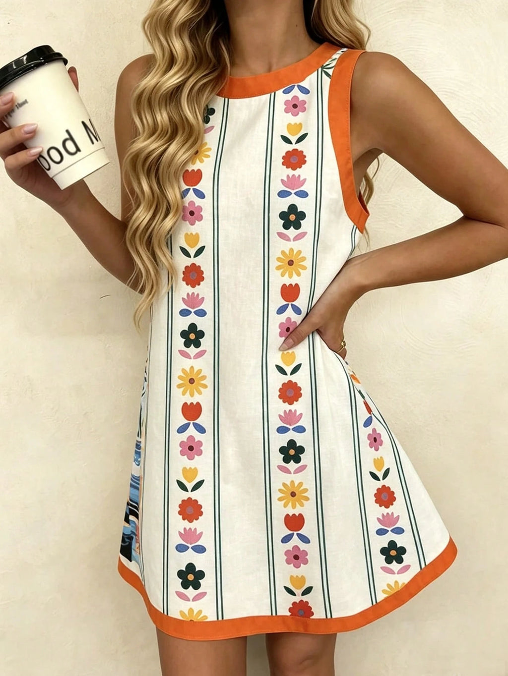 Vaclyn Women's White Print Round Neck Sleeveless Dress Beach Vacation