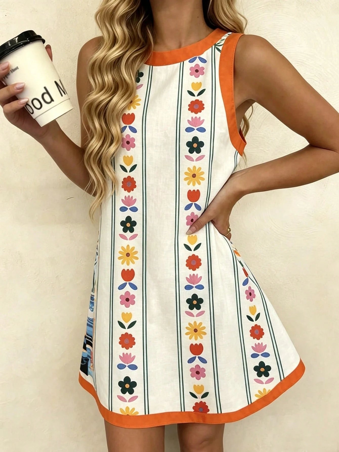 Vaclyn Women's White Print Round Neck Sleeveless Dress Beach Vacation