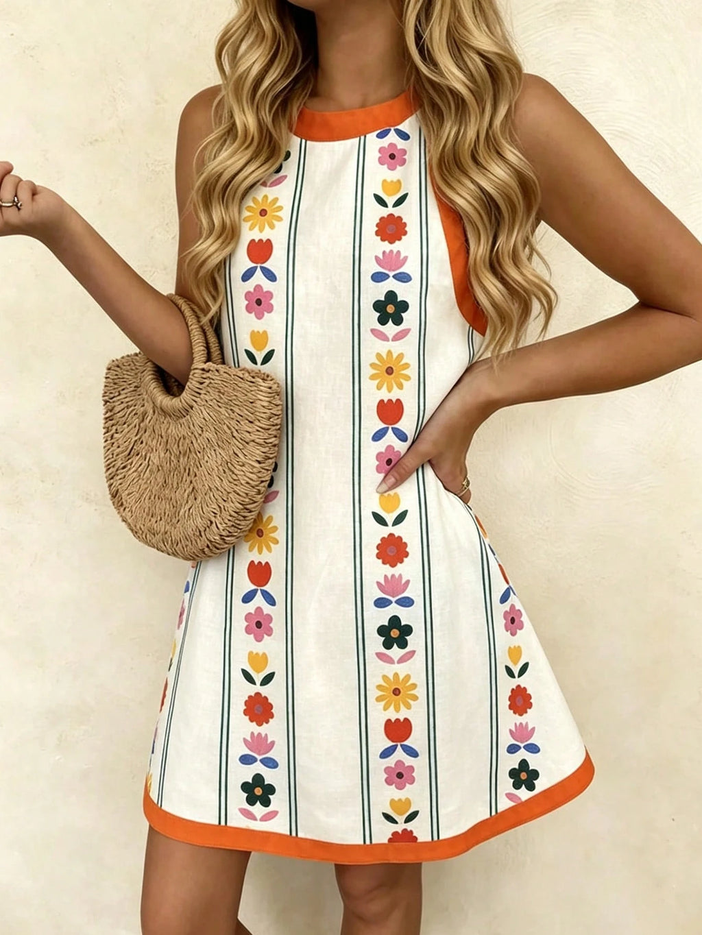 Vaclyn Women's White Print Round Neck Sleeveless Dress Beach Vacation