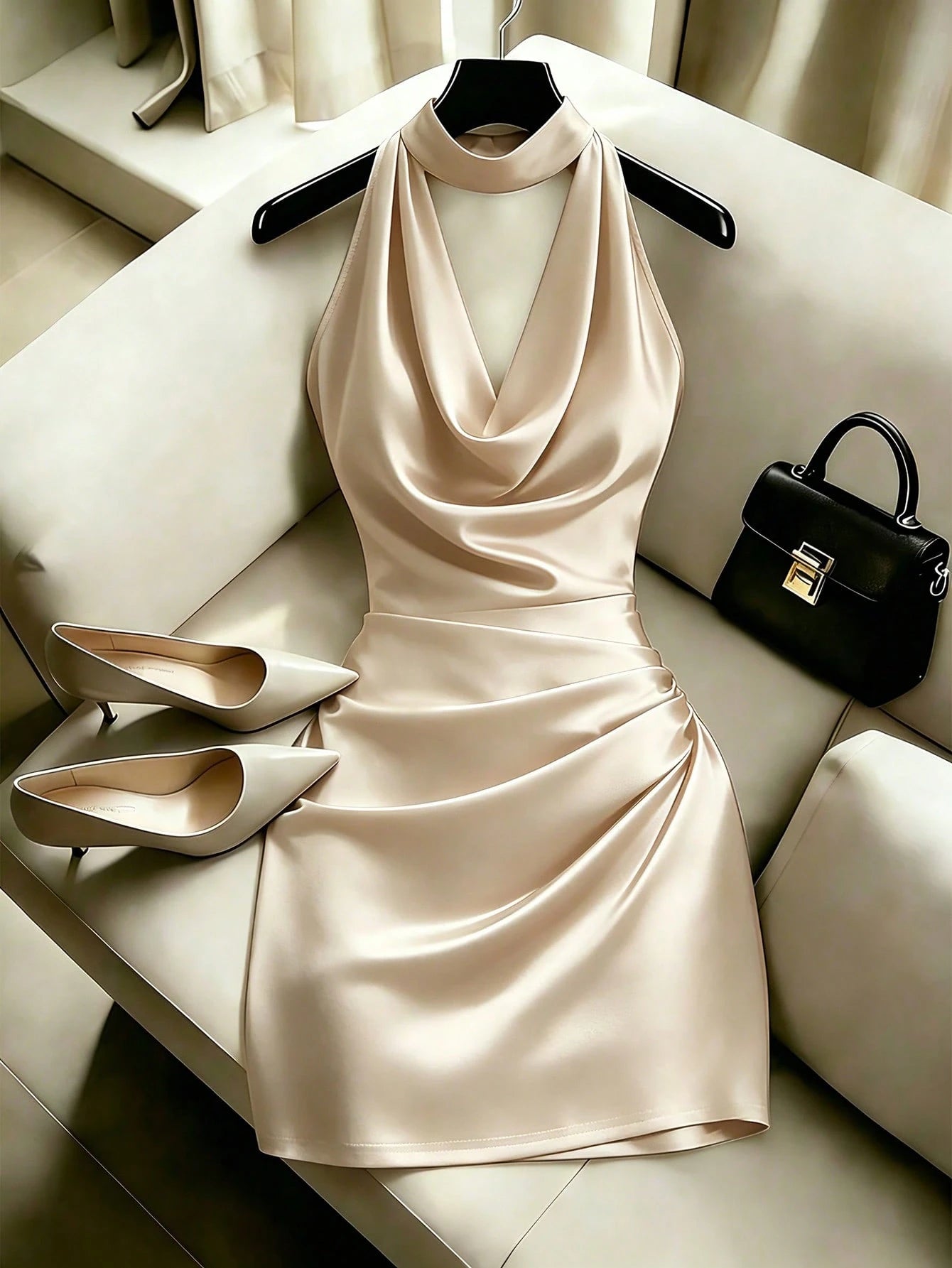 Franclia Fashionable New Elegant Draped Neck Brown Dress, Featuring