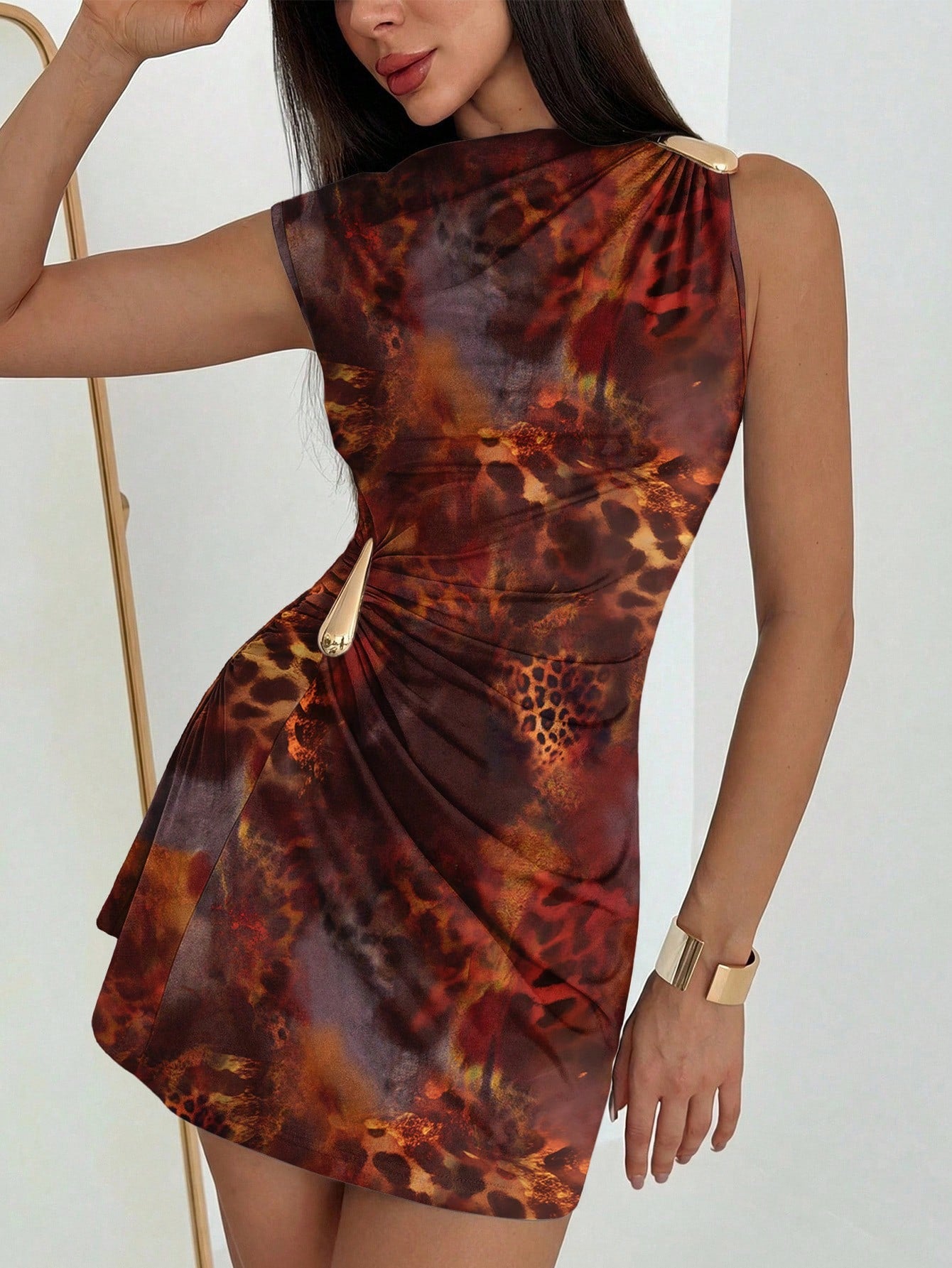 Aloruh Women's Elegant Tropical Orange Floral Hibiscus Print Metal Decor Ruched Umbrella Hem Mini Dress, - image 13
