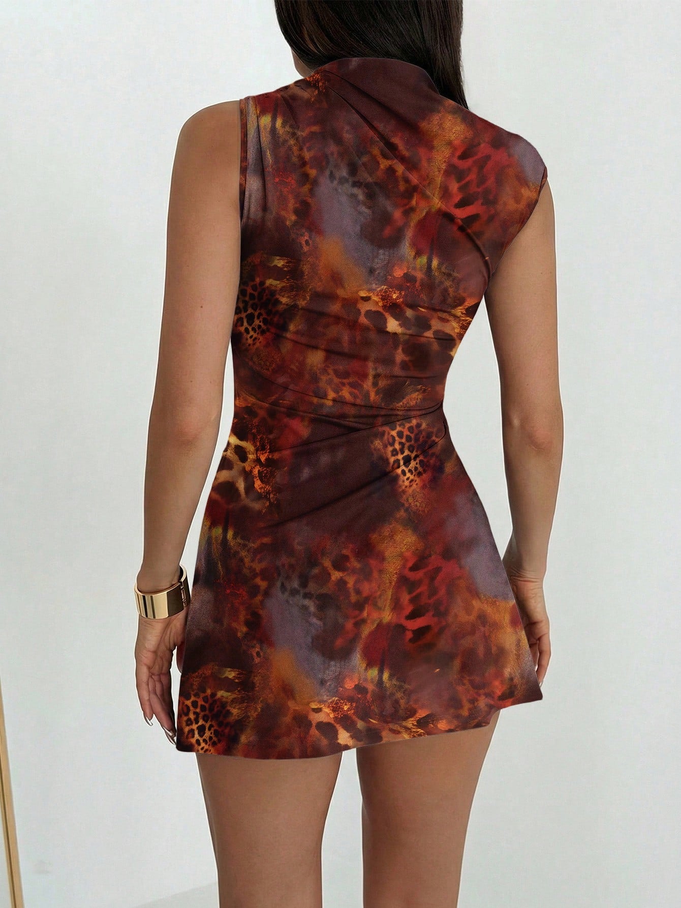 Aloruh Women's Elegant Tropical Orange Floral Hibiscus Print Metal Decor Ruched Umbrella Hem Mini Dress, - image 14