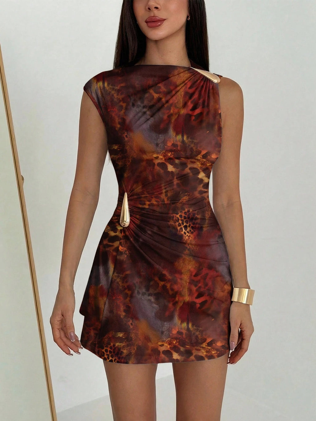 Aloruh Women's Elegant Tropical Orange Floral Hibiscus Print Metal Decor Ruched Umbrella Hem Mini Dress, - image 15