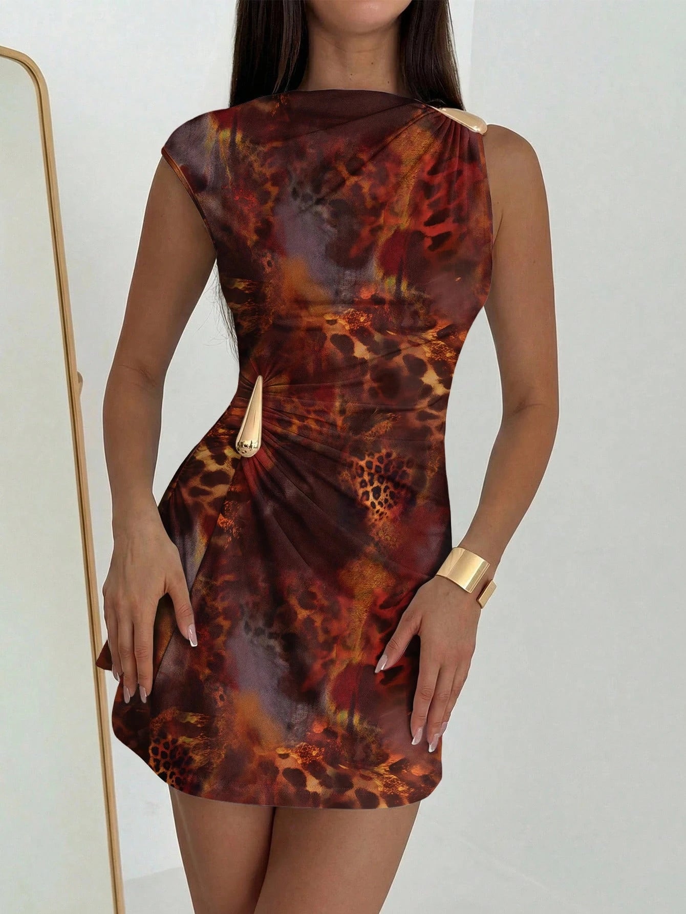 Aloruh Women's Elegant Tropical Orange Floral Hibiscus Print Metal Decor Ruched Umbrella Hem Mini Dress, - image 18