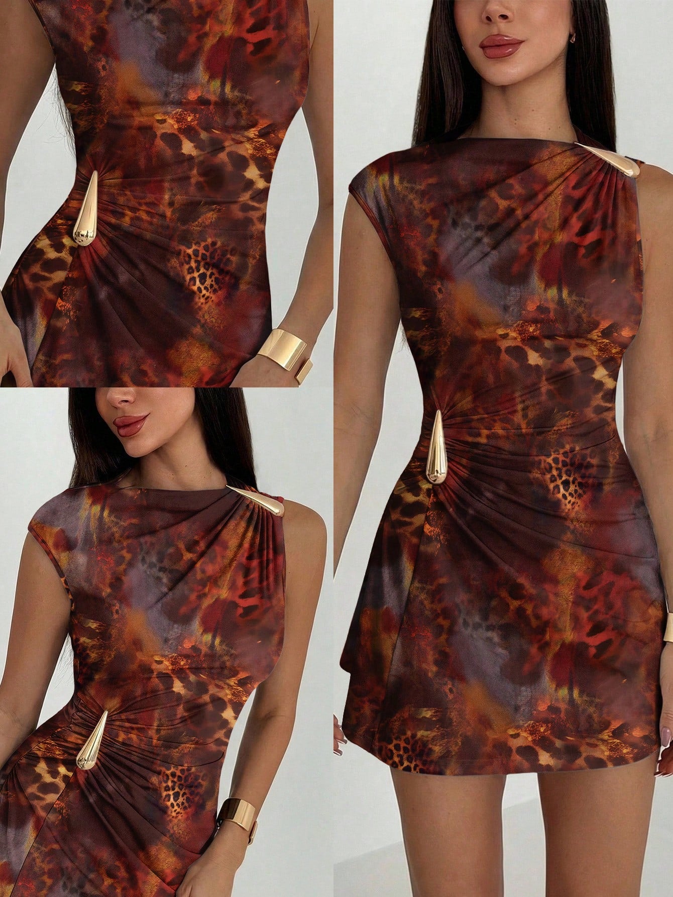 Aloruh Women's Elegant Tropical Orange Floral Hibiscus Print Metal Decor Ruched Umbrella Hem Mini Dress, - image 19