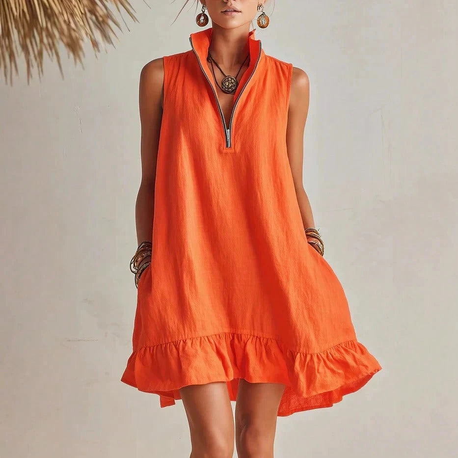 KZKZWK Women's Linen-Blend Sleeveless Mini Dress, Half Zip Stand