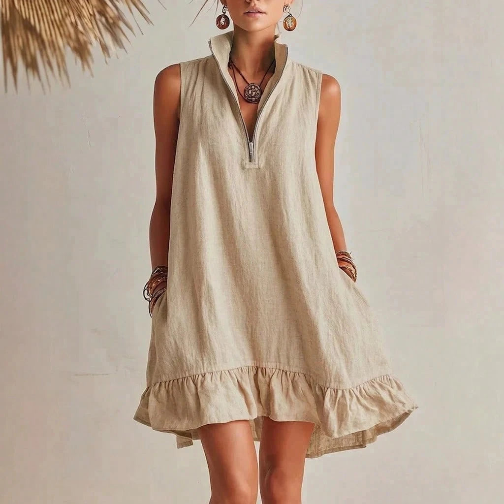 KZKZWK Women's Linen-Blend Sleeveless Mini Dress, Half Zip Stand