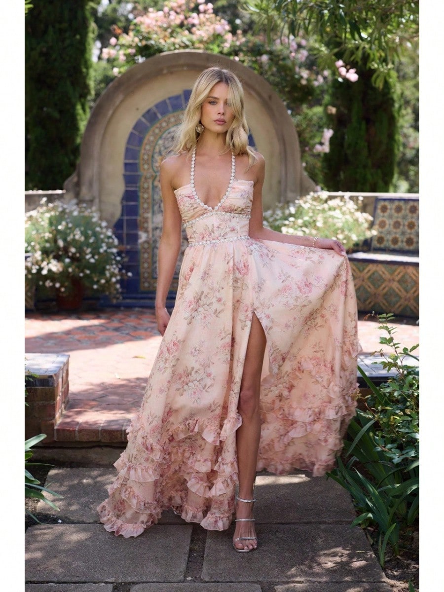 KZKZWK Women's Pink Floral Print Halter Neck Maxi Dress, Beaded Trim